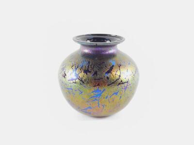 A Royal Brierley Studio iridescent glass vase, of globular form, decorated in a peacock lustre, signed, 16cm diameter. - 2