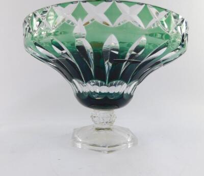 A Val St Lambert emerald green flashed cut glass fruit bowl, of ogee pedestal form, raised on a hexagonal base, bears label, 20cm high, 27.5cm wide. - 4