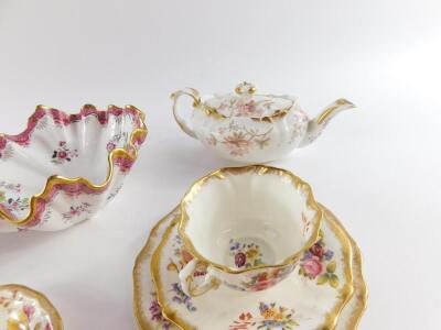 A Copeland Spode late 19thC porcelain dish, of shell form decorated in the Connaught pattern, Hammersley porcelain trio decorated with flowers, porcelain cress dish on stand, floral decorated tete-a-tete teapot, and a further floral decorated tea cup and - 2