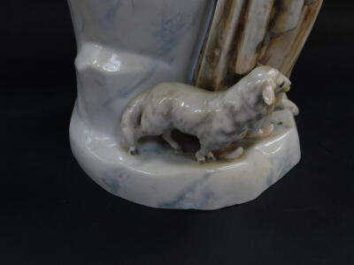 A Continental late 19thC porcelain figural vase, modelled with a shepherd and shepherdess with sheep, on a marbled rocky ground, 28cm high. - 5