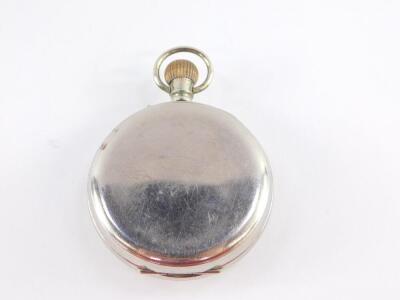 An Edward VII silver Goliath pocket watch clock case, of square section with C scroll loop handle, raised on bun feet, containing a plated Goliath pocket watch, Walker & Hall, Sheffield 1910, 10.5cm high, 8cm wide. - 6