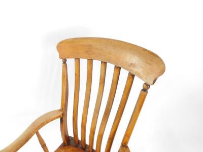 A Victorian beech oak and elm lath back kitchen chair, with solid saddle seat, raised on turned legs, united by an H frame stretcher. - 2