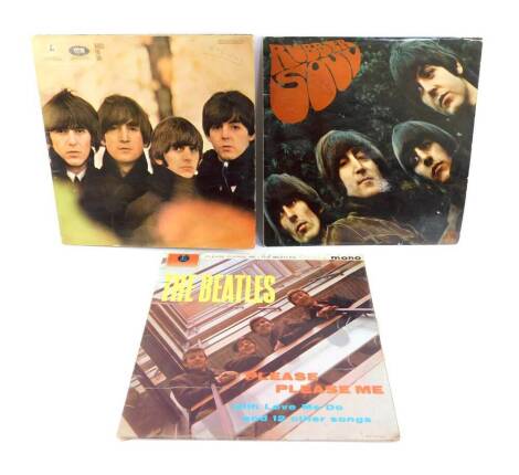 Three Beatles LPs, comprising Beatles For Sale, PMC1240., Rubber Soul., PMC1267., and Please Please Me, PMC1202.