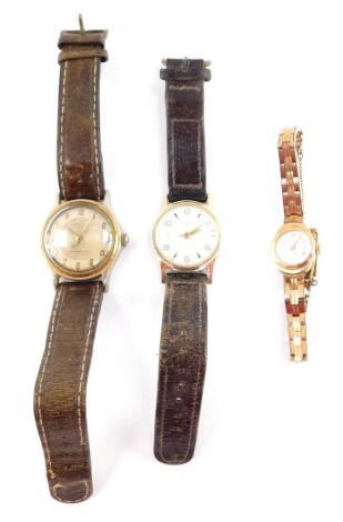 A Hermes gentleman's stainless steel and gold plated wristwatch, circular silvered dial bearing Arabic numerals, shock resistant seventeen jeweled movement, on a leather strap, an Ingersol wristwatch, and a Louis Philippe lady's gold plated wristwatch, on