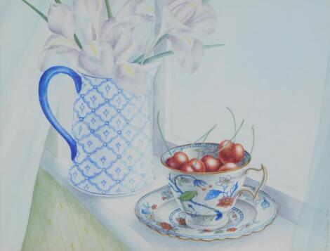 Gemma Whibley (British, late 20thC). Irises and cherries, watercolour, signed, dated '90., 54.5cm high, 32cm wide.