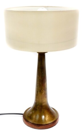 A retro brass table lamp, formed from a ship's fog horn trumpet, with shade, 28.5cm high.