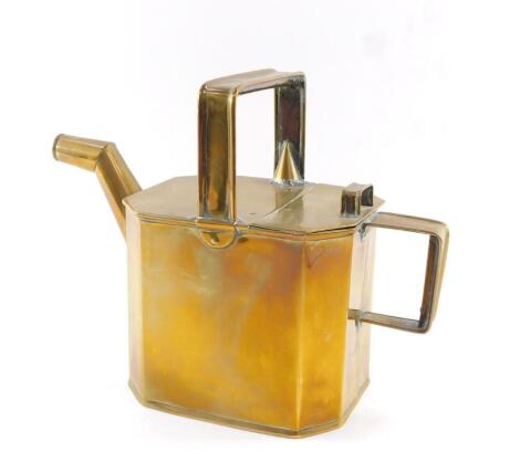 A late 19thC brass watering can, of canted rectangular form, No 5, 30cm wide.