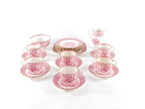 A Copeland Spode porcelain part tea service decorated in the Spode's Primrose pattern, pattern no 2722., printed and painted marks, comprising cream jug, sugar bowl, bread plate, six cups, saucers and tea plates.