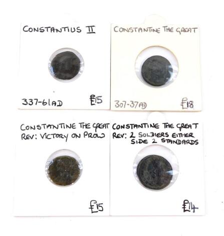 Three Constantine The Great Roman coins, 307-337AD, and a Constantius II coin, 337-361AD.