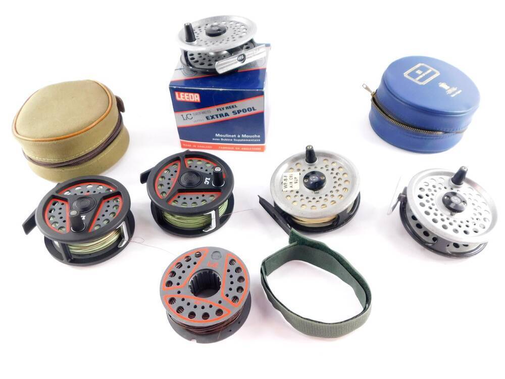 A Rimfly fly fishing reel, and four other Leeda fly reels, Hardy reel case  and another. (