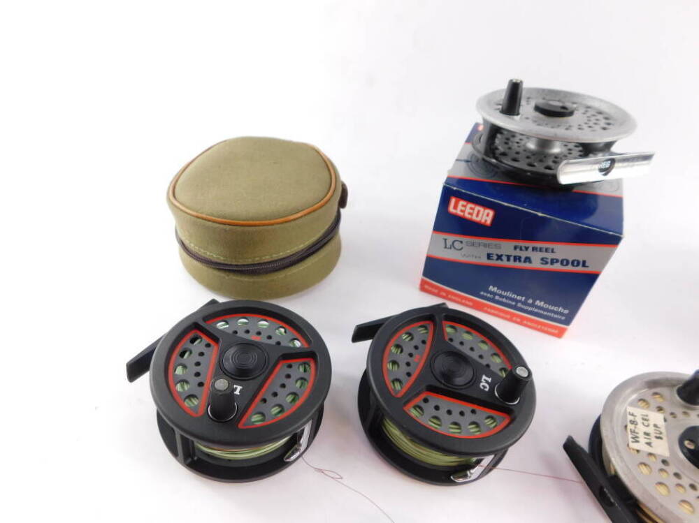 A Rimfly fly fishing reel, and four other Leeda fly reels, Hardy