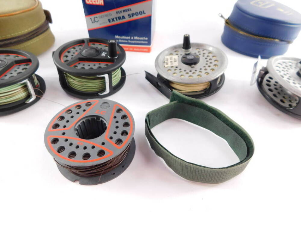 A Rimfly fly fishing reel, and four other Leeda fly reels, Hardy