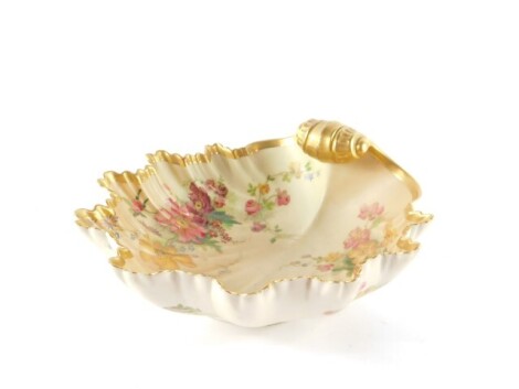 A Royal Worcester blush porcelain dish, c1903, of scallop shell form, painted with sprays of flowers, No 1274., printed and impressed marks, 24cm wide.