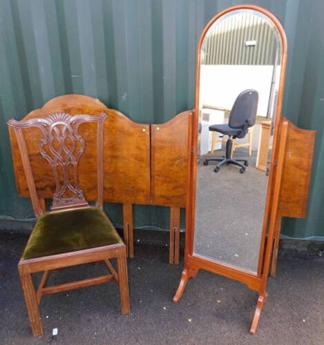 A pair of single mahogany and cross banded headboards, Edwardian Chippendale style mahogany occasional chair, and a mahogany cheval mirror, 151cm high.