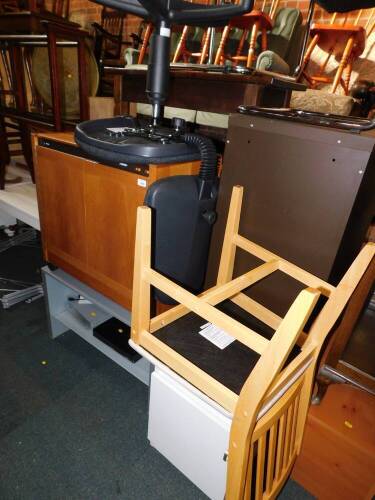 A Philips hostess trolley, television stand and contents, bedside cabinet, beech chair and office chair. (5)Please note - This lot contains untested or unsafe electrical items. It is supplied for scrap or recondition only. Trade Only. 