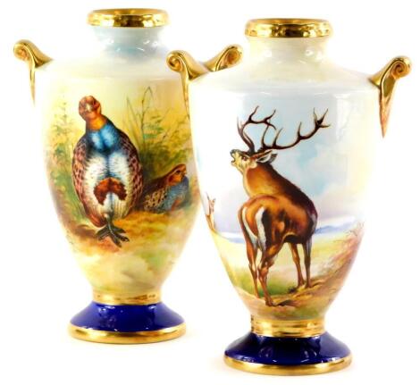 A pair of Aynsley Fine Art Collection porcelain vases, each painted with country sporting scenes, The Partridge and The Red Deer, both signed J. Shaw, Aynsley green printed marks to underside, 18cm high.