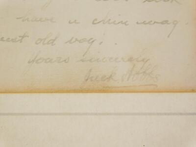 An autographed letter from the cricketer Jack Hobbs, whilst visiting Skeldar, Madron near Penzance, written to a 'dear Doctor' "I am spending a couple of weeks holiday down here along with Studdy and your letter has been forwarded to me," etc., 17.5cm x 2 - 5