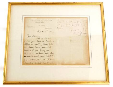 A autographed letter written by the cricketer W.G. Grace, on London County Cricket Club headed paper, dated August 28th 1903, to a Mr Beldam, "I do wish to know whether you had a members ticket or not, kindly let me know and which number if you have one, 