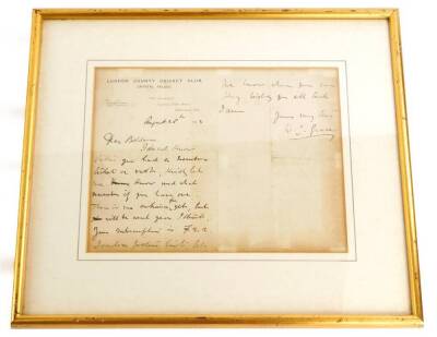 A autographed letter written by the cricketer W.G. Grace, on London County Cricket Club headed paper, dated August 28th 1903, to a Mr Beldam, "I do wish to know whether you had a members ticket or not, kindly let me know and which number if you have one,