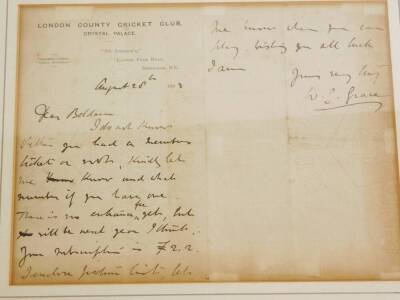 A autographed letter written by the cricketer W.G. Grace, on London County Cricket Club headed paper, dated August 28th 1903, to a Mr Beldam, "I do wish to know whether you had a members ticket or not, kindly let me know and which number if you have one, - 2