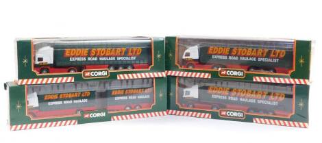 Four Corgi Eddie Stobart Limited die cast models, comprising a Volvo short wheel based lorry with close coupled trailer, 59516., ERF curtainside trailer, 59502., Volvo curtainside trailer, 59504., and a Scania curtainside trailer, 59503., all boxed.