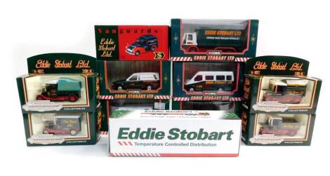 Corgi Eddie Stobart Limited die cast vehicles, comprising a forklift truck, 56702., four Motoring Memories Collectables, 61203., Transit van, 58112., Ford Escort van, 58304., Mercedes 207D van, 58401., a Ford Cargo box van, 59601., and a Special Edition V