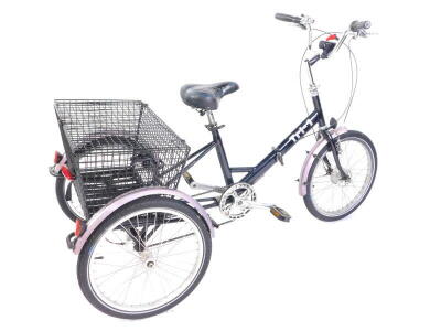 A Pashley adult folding tricycle TRI-1, black frame, with Wide Ratio 7 speed gears, Classic caliper brakes and enclosed hub brake, and chrome riser handle bars.