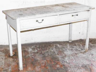 A 19thC painted pine side table, with two drawers with brass swan neck handles and square legs, 77cm high, 130cm wide, 54cm deep.