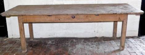 An early Victorian painted pine refectory or dairy table, with plank top, single frieze drawer and square framing, 76cm high, 240cm length, 88cm wide.