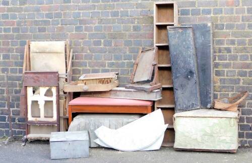 A group of furniture, including two upholstered boxes, duet piano stool (AF), mahogany box and a demi-lune marble top for a washstand, ebonised cased furniture plinth and top and schooner chair. (AF)