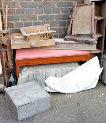 A group of furniture, including two upholstered boxes, duet piano stool (AF), mahogany box and a demi-lune marble top for a washstand, ebonised cased furniture plinth and top and schooner chair. (AF) - 3