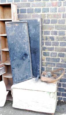 A group of furniture, including two upholstered boxes, duet piano stool (AF), mahogany box and a demi-lune marble top for a washstand, ebonised cased furniture plinth and top and schooner chair. (AF) - 4