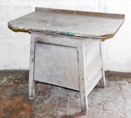 A Victorian painted pine hutch cupboard, with rounded rectangular top, square taper base with door, 76cm high, 98cm wide, 62cm deep.