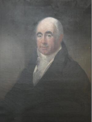 Attributed to George F Joseph ARA. Portrait of Samuel Gibbons, late of Foleshill, in half length pose wearing white silk cravat and black coat, oil on canvas, 75cm x 62cm.