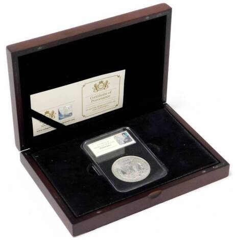 A US silver Morgan dollar Philadelphia collectors coin, with certificate of provenance, case and box.