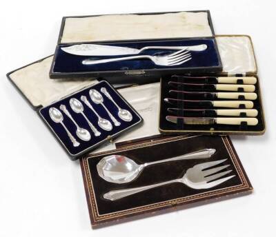 Silver and silver plated cased cutlery sets, to include a silver plated Pearson Brothers salad servers set, a silver plated fish serving set, cased, a set of silver teaspoons with embossed case for Wragby Agricultural Show Second Won by Mr G Flinton 1919,