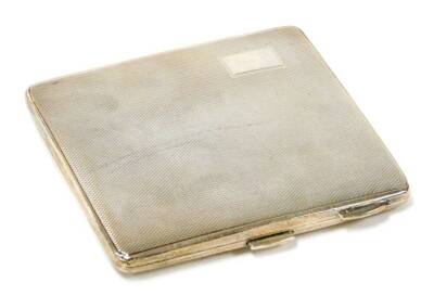 A George VI silver cigarette case, with engine turned decoration and rectangular initialled panel, markers stamp J.Q Ltd, Birmingham 1945, 9cm high x 8cm wide, 4¼ oz.