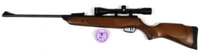 A .22 air rifle with sabre 60 x 40 scoop, on a wooden body, with a quantity of no.3 5.5m pellets, 110cm long.