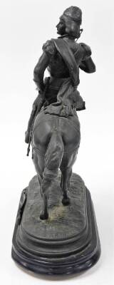 After E Laurent. Spelter figure of a rider on horseback with cross bow, with plaque Quentin Durward, on an ebonised plinth, 50cm high, 34cm wide. (AF) - 4