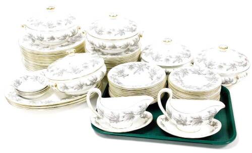 A Wedgwood Ashford pattern part dinner service, comprising eighteen dinner plates, eighteen dessert plates, twelve dessert bowls, eighteen side plates, four dishes, five tureen with lids, two gravy boats and plates, etc. (a quantity)