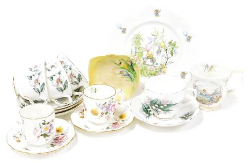 A group of ceramics, to include a Royal Winterton Crocus pattern pin dish, a Bramley Hedge type plate, a Royal Albert Portlees Return tea cup, a pair of Royal Crown Derby Derby Posies cups and saucers, a set of three Staffordshire cups and saucers and a S