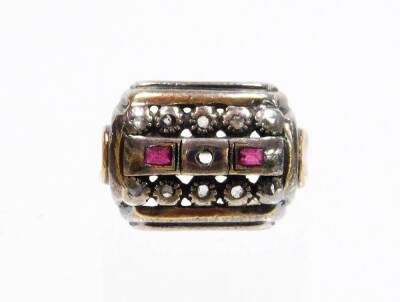 A dress ring, with rectangular ring head, set with tiny diamonds, and two baguette cut rubies, the centre stone missing, in a silver setting, on a later applied yellow metal band, unmarked, ring size J, 4.3g all in. - 2