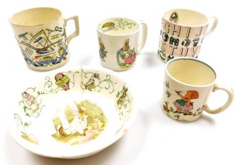 A group of ceramics, to include Ambassador ware, Mable Lucy Atwell tea cup, a Peter Rabbit Wedgwood Barlaston child's cup, a Burgess and Lee Farmers Arms mug, a Wedgwood A-Z mug, and a Wedgwood Peter Rabbit Barlaston child's bowl. (5)