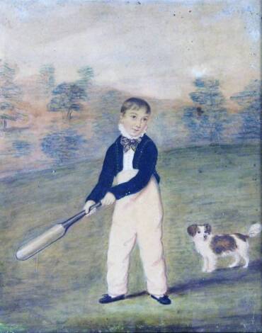 19thC School. Cricketing boy with his dog, in a woodland landscape, unsigned, watercolour, 22cm x 18cm, in a gilt frame.