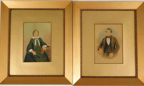 Late 19thC School. Two half length portraits, of a lady in green dress and gentleman in bow tie, each with gilt mountings, over painted prints, 15cm x 11cm, framed and glazed.