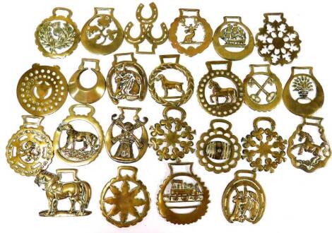 Various late 19th/early 20thC horse brasses, of varying designs, to include horses, keys, animals, floral designs, etc. (a quantity)