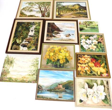 A collection of oil on board paintings, to include many signed by P.Head, of various dates, to include mainly landscapes, waterfalls, flowers, coastal scenes, etc. (11)