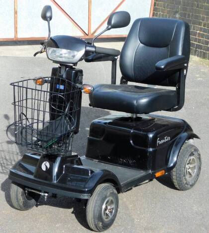 A Frontier Rascal mobility scooter, in black, with battery charger and two keys.