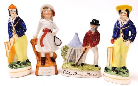 A group of early 20thC ceramics, to include a Staffordshire type flat back figure inscribed Old Tom Morris, 13cm high, a Staffordshire style flat back figure of a cricketer, 15cm high, another holding a cricket bat 15cm high, and a porcelain figure of a 