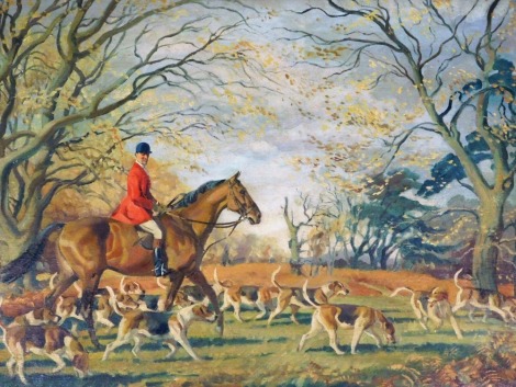 John Theodore Eardley Kenney (1911-1972), Hunting scene depicting Colonel Murray Smith at Bradgate Park, Leicestershire, on artist board, signed and dated 1957, 54cm x 75cm.